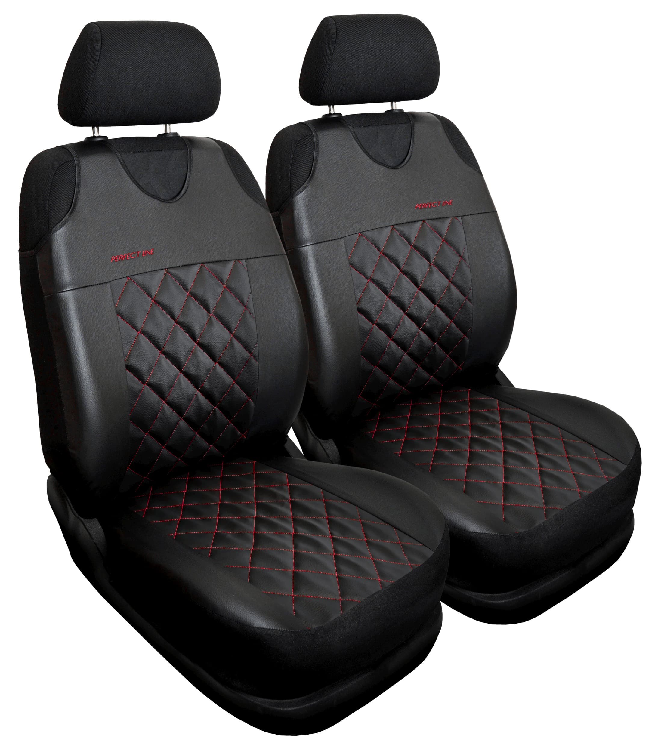 Set rode Perfect Line+ autostoelhoezen op de voorstoelen