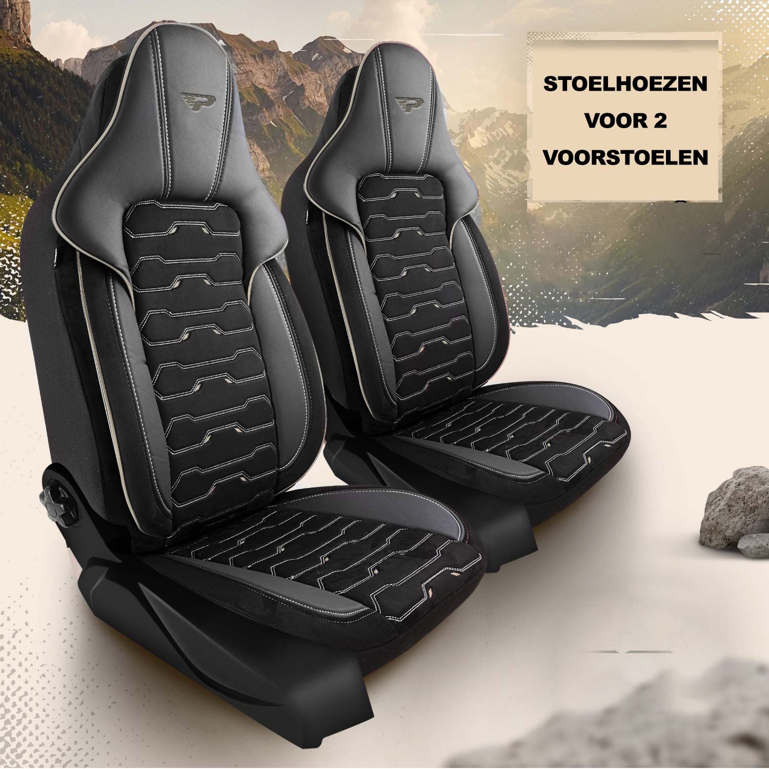 Beirut autostoelhoezen voor 2 voorstoelen in zwarte uitvoering met beige bies