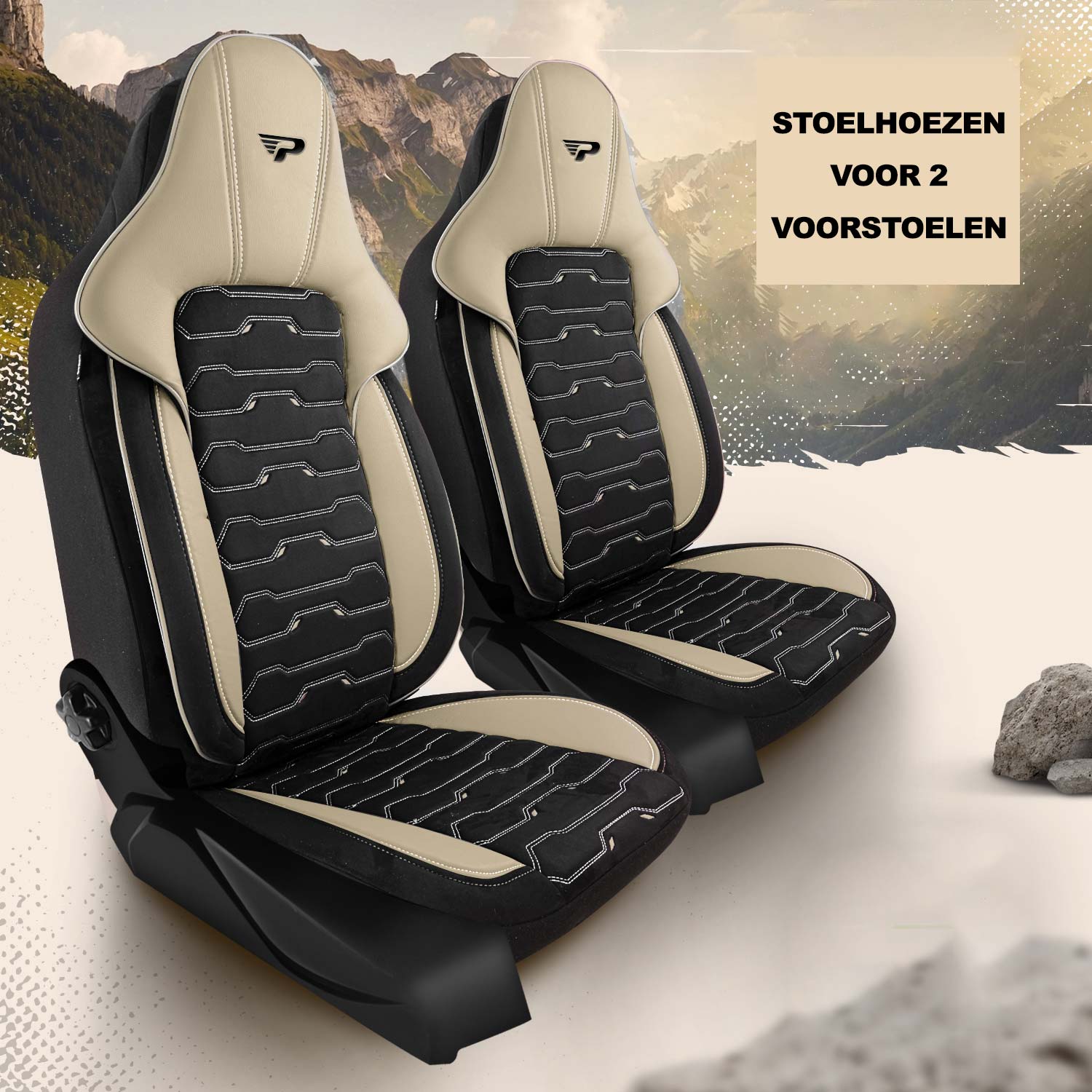 Beirut autostoelhoezen voor 2 voorstoelen in zwart-beige uitvoering