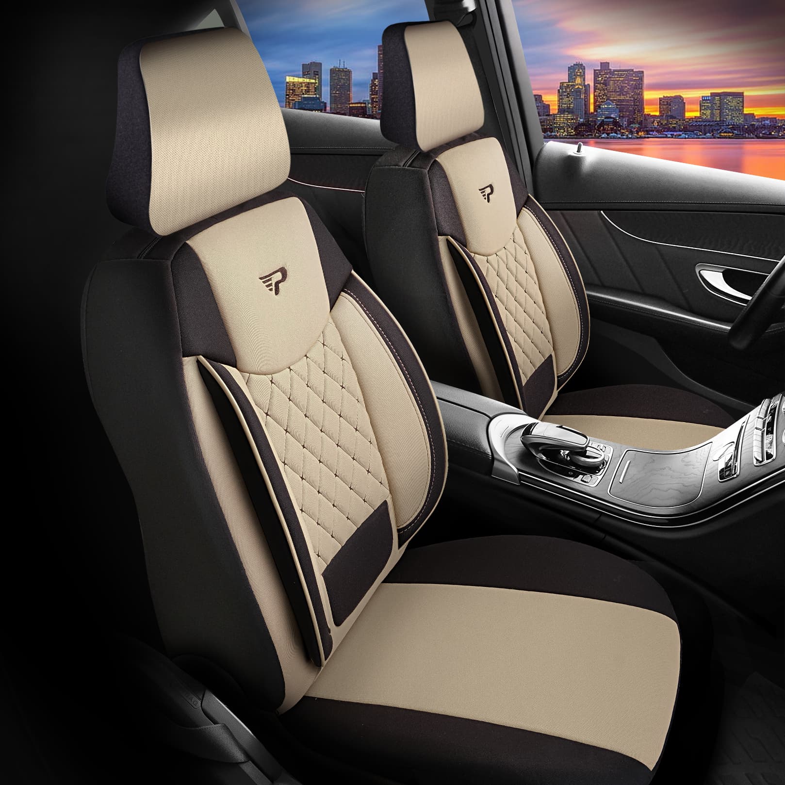 Autostoelhoezen BRUSEL beige-zwart in het voertuiginterieur